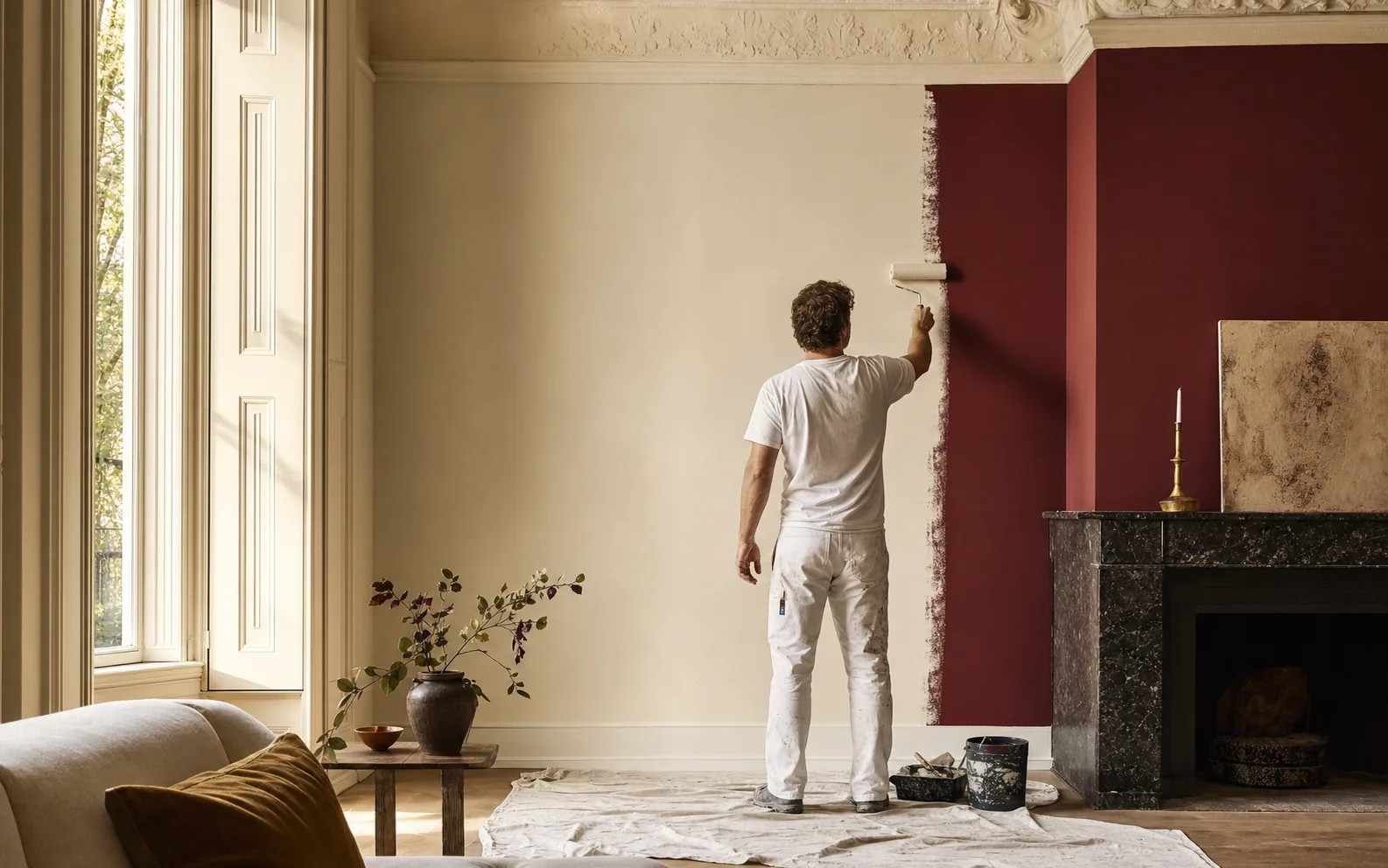 Schilder brengt een diepe rode accentkleur aan in een klassiek interieur