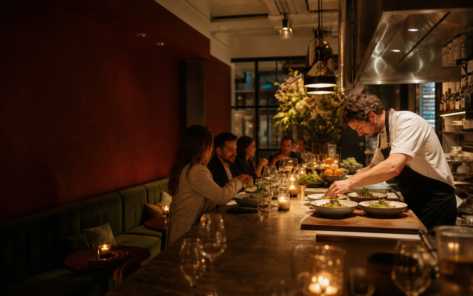 Sfeervolle wijnbar met open keuken en chef die het diner bereidt