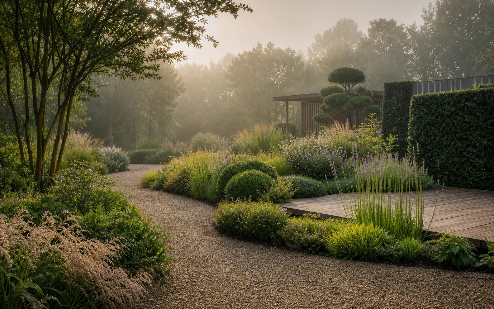 Ontworpen groene tuin met vloeiende paden en gelaagde beplanting