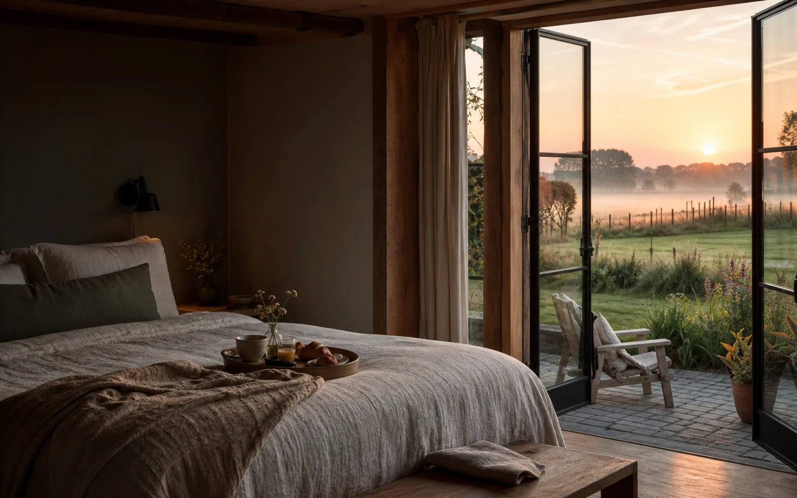 Rustige bed and breakfast kamer met uitzicht over het landschap bij zonsopkomst