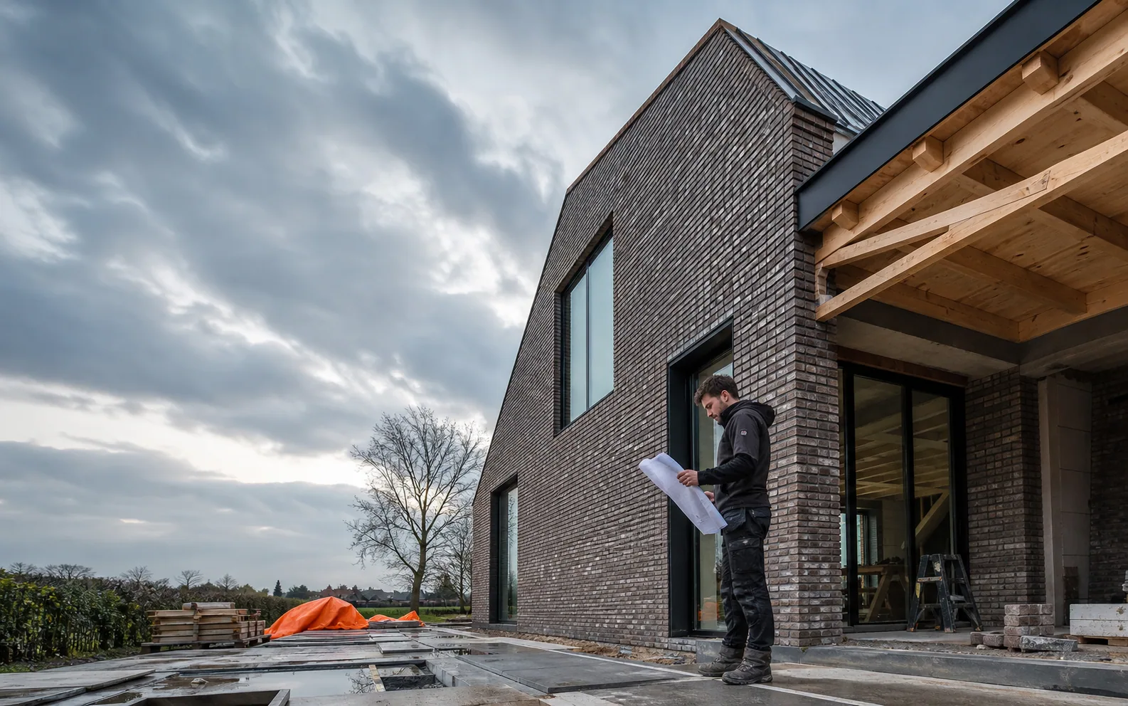 Moderne woning in aanbouw met vakman die de bouwtekening controleert
