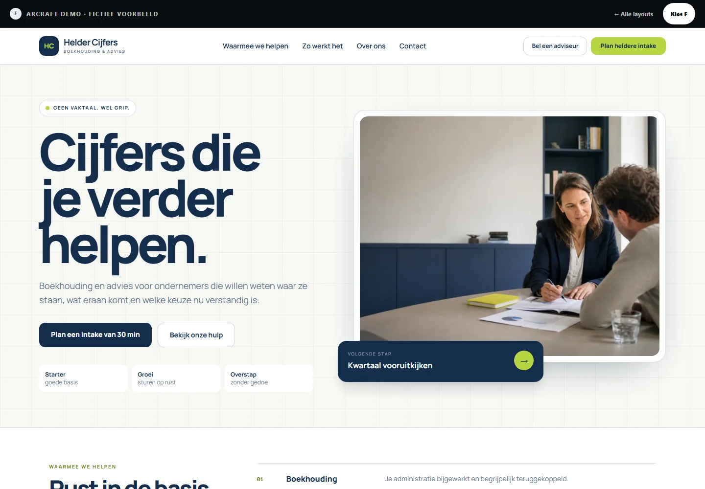 Desktopweergave van demo F, Helder Cijfers